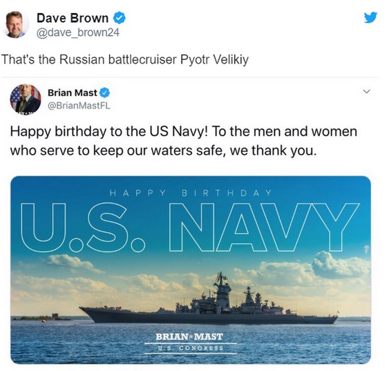Американский конгрессмен поздравил ВМФ США фотографией крейсера «Пётр Великий»